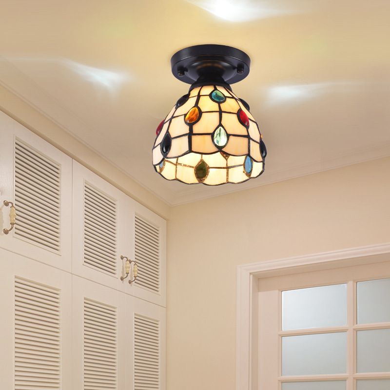 Shaded Semi Flush Mount 1-Light Handcrafted Glass Tiffany Style Ceiling Mounted Light