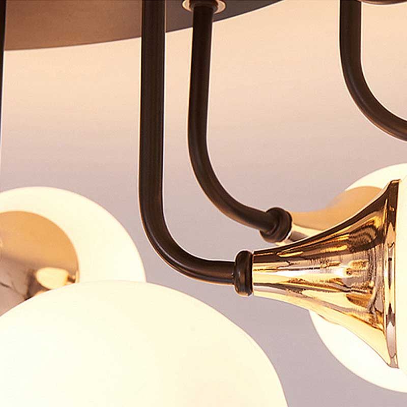 6/10/13 Lights Corridor Semi Flush Chandelier Milk White Glass Shaded Sphere Ceiling Mounted Light in Black