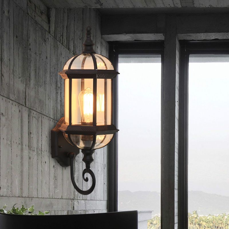 Clear Glass Birdcage Wall Sconce Country 1 Bulb Outdoor Wall Mounted Light in Black/Brass with Twisted Arm