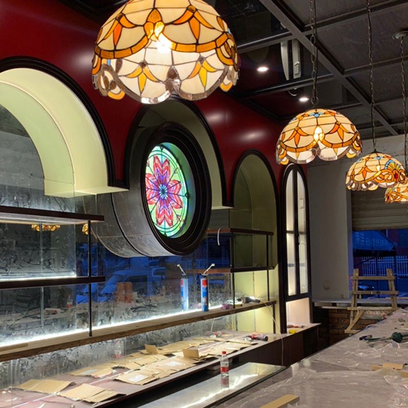 Beige 1 Head Suspension Light Antique Stained Glass Flower Shade Pendant Lighting Fixture