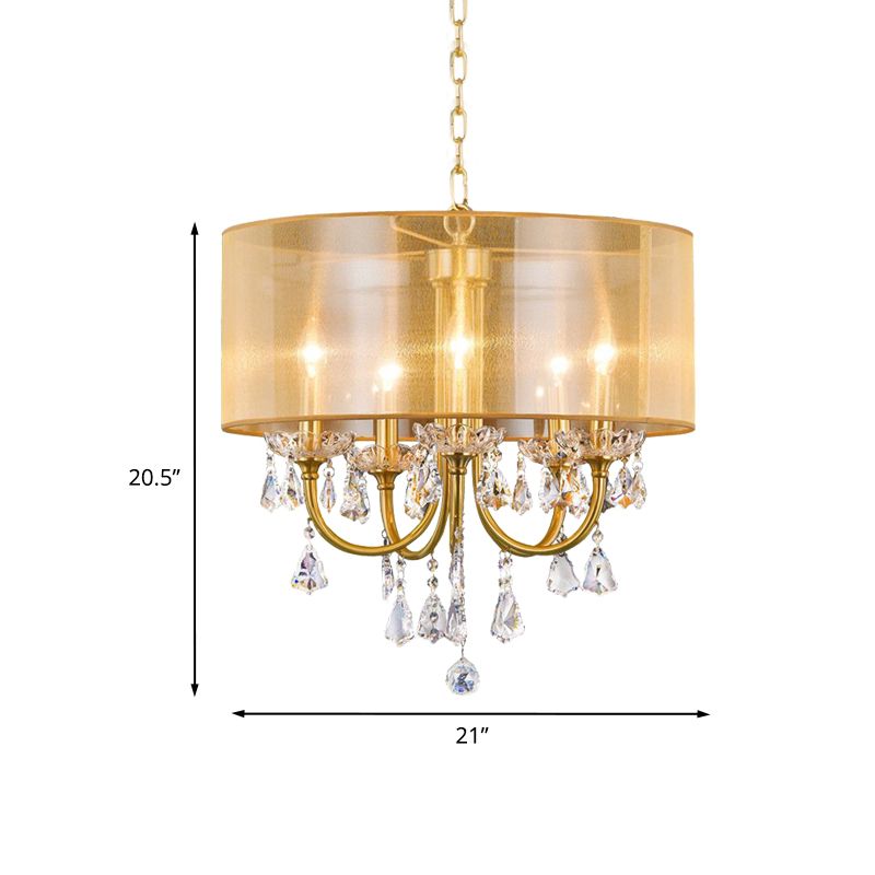 Clear Crystal Glass Candle Ceiling Pendant Light Warehouse 5 Lights Dining Room Chandelier with Drum Threaded Silk Shade in Brass