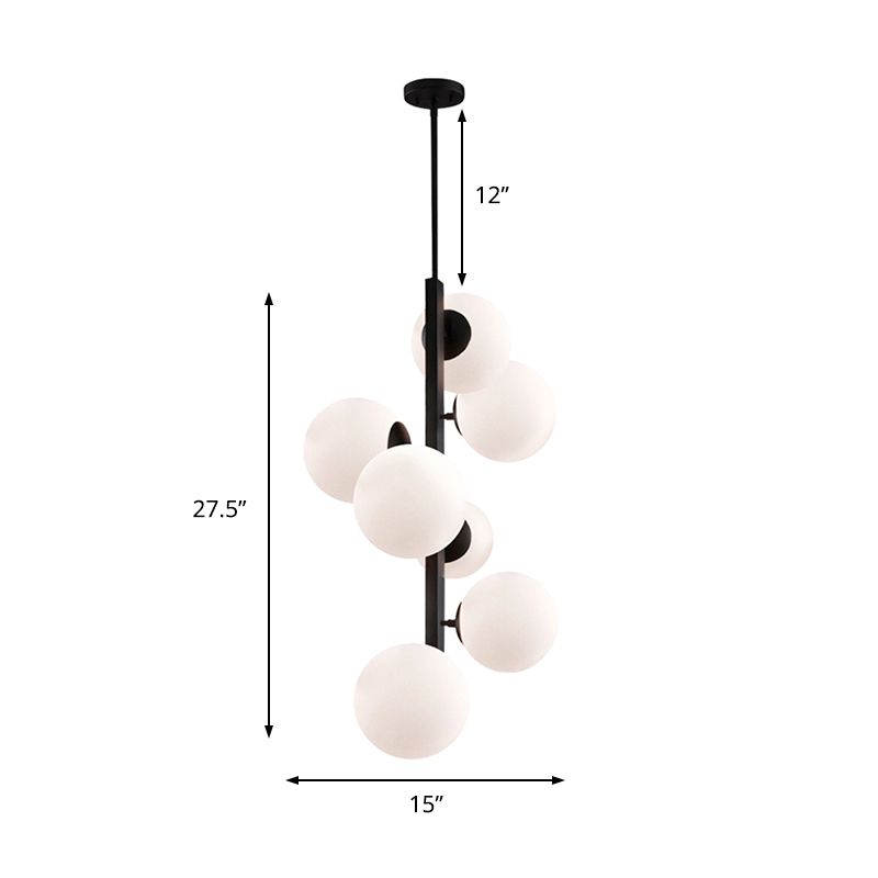 Black Round Hanging Chandelier Contemporary 7 Bulbs Opal Glass Ceiling Suspension Lamp