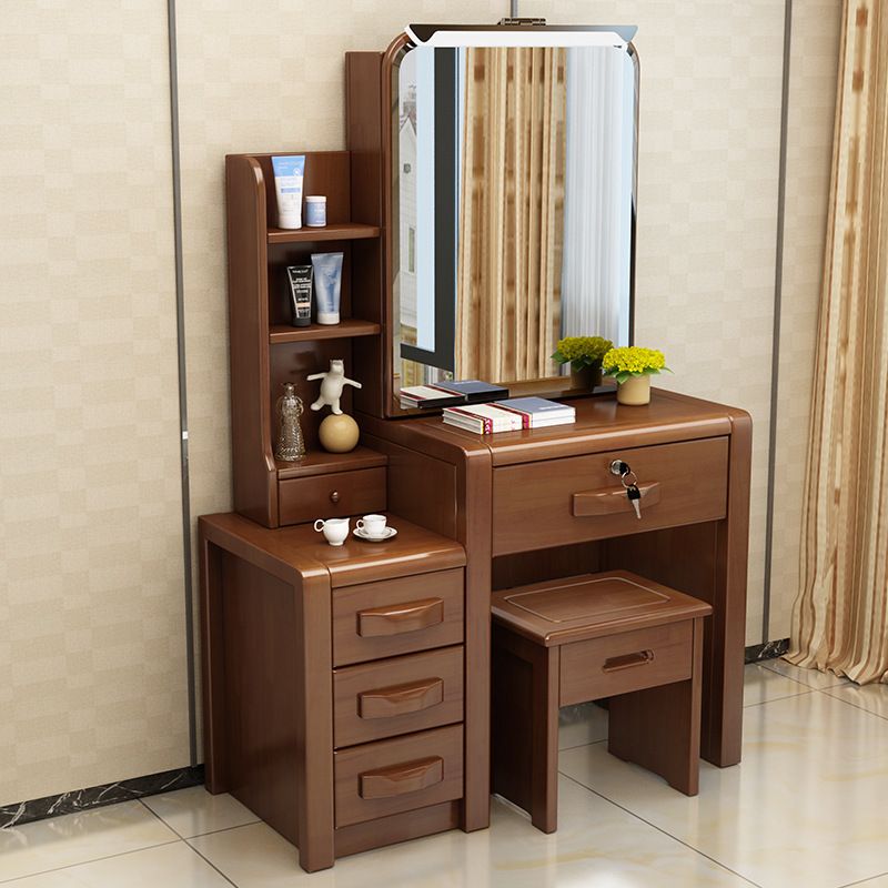 Traditional Solid Wood Make-up Vanity with Mirror and Stool,6 Drawers