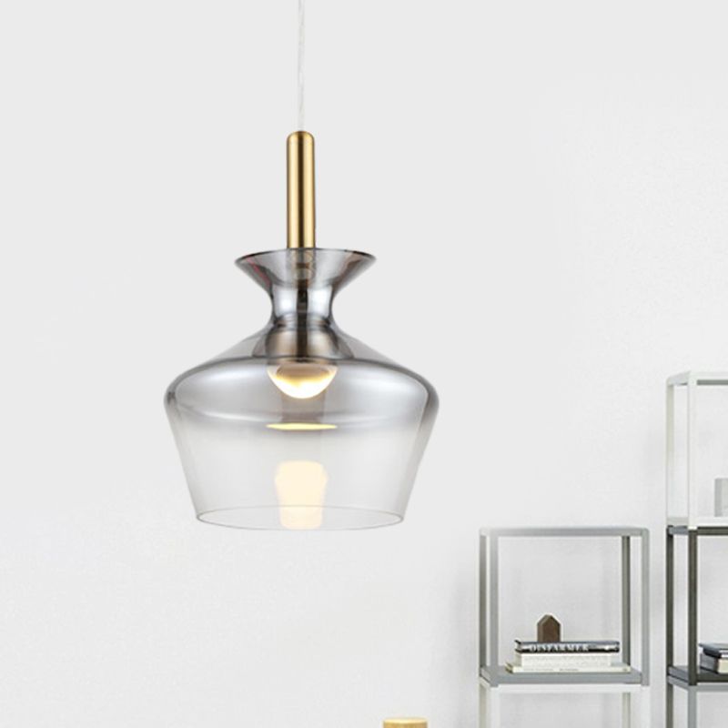 Cup Shaped Ceiling Light Post Modern Smoke Gray Glass LED Restaurant Pendant Lamp in Brass