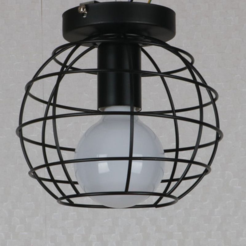 Black 1-Light Semi Flush Ceiling Light in Industrial Vintage Style Wrought Iron Flush Mount with Iron Frame