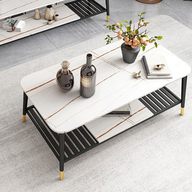 4 Legs Coffee Table Slate Top Coffee Cocktail Table with Shelf