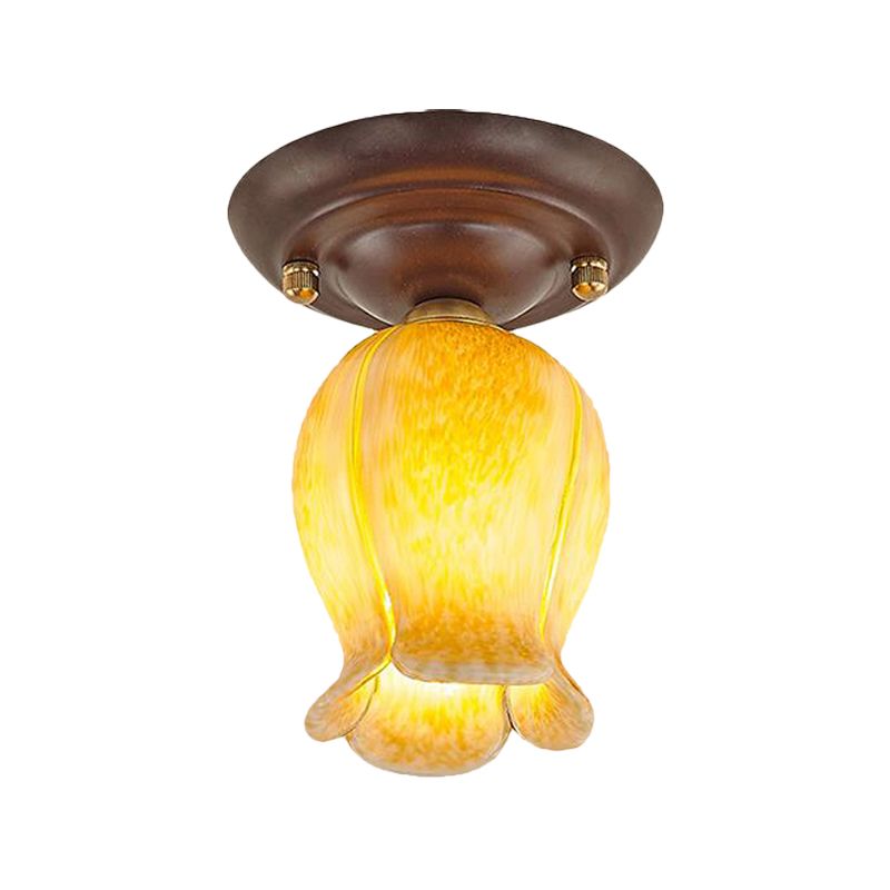 Bloemvormig wit/geel/paars glasinbouwarmatuur Traditionele 1-lichts woonkamerplafondlamp