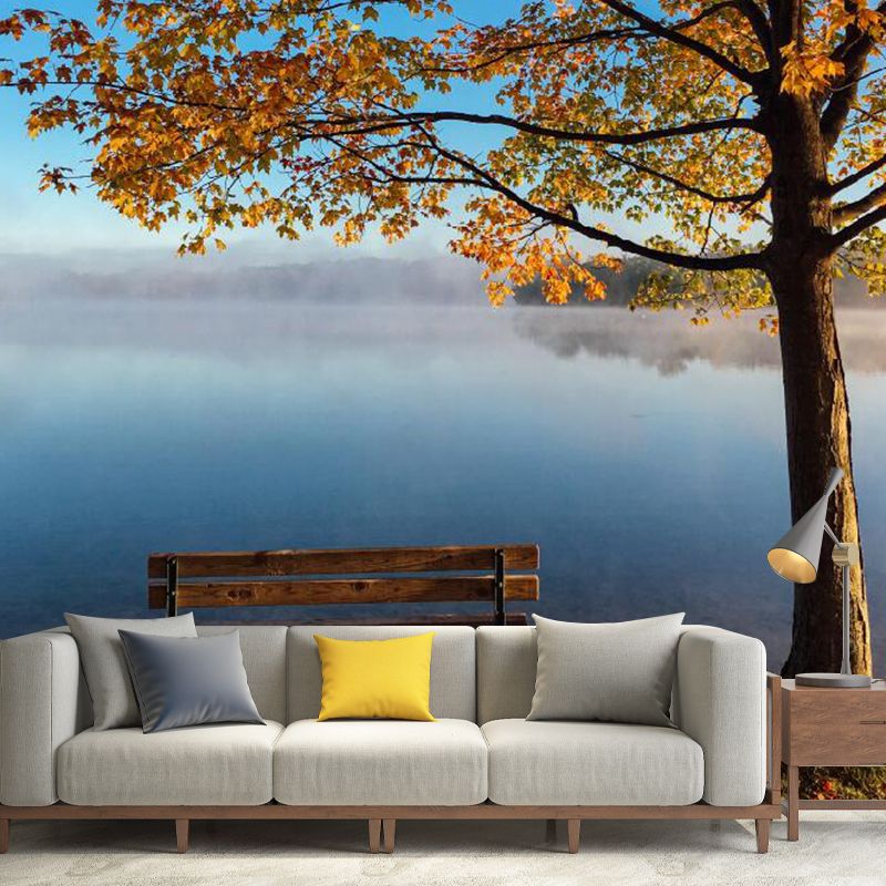 Enormous Photography Autumn Tree Mural Wallpaper for Guest Room Decor in Yellow and Blue, Made to Measure