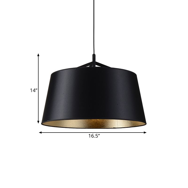 1-Bulb Hanging Light Kit Rural Dining Room Suspension Pendant with Tapered Drum Fabric Shade in Black, 16.5"/23.5" Wide