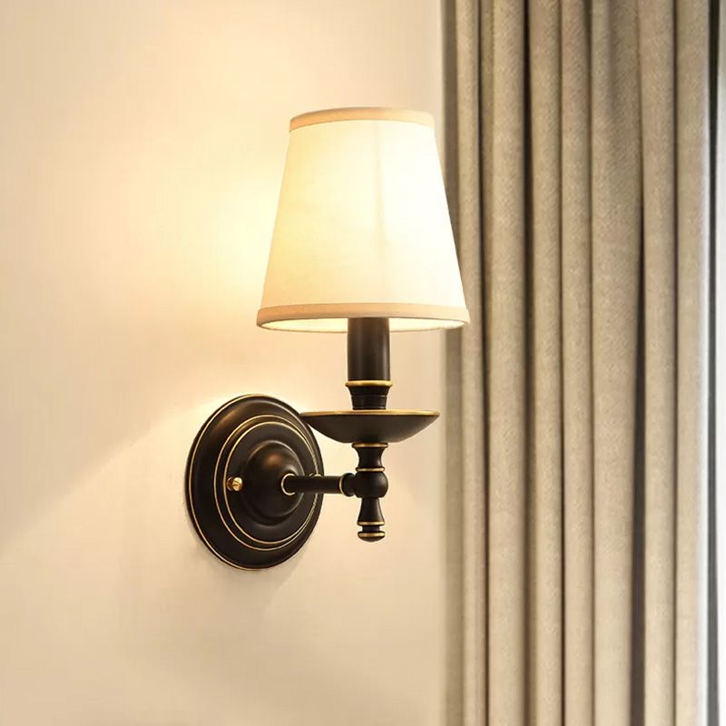 Single-Bulb Wall Sconce Vintage Candlestick Metal Wall Mounted Lamp with Tapered Fabric Shade in Black