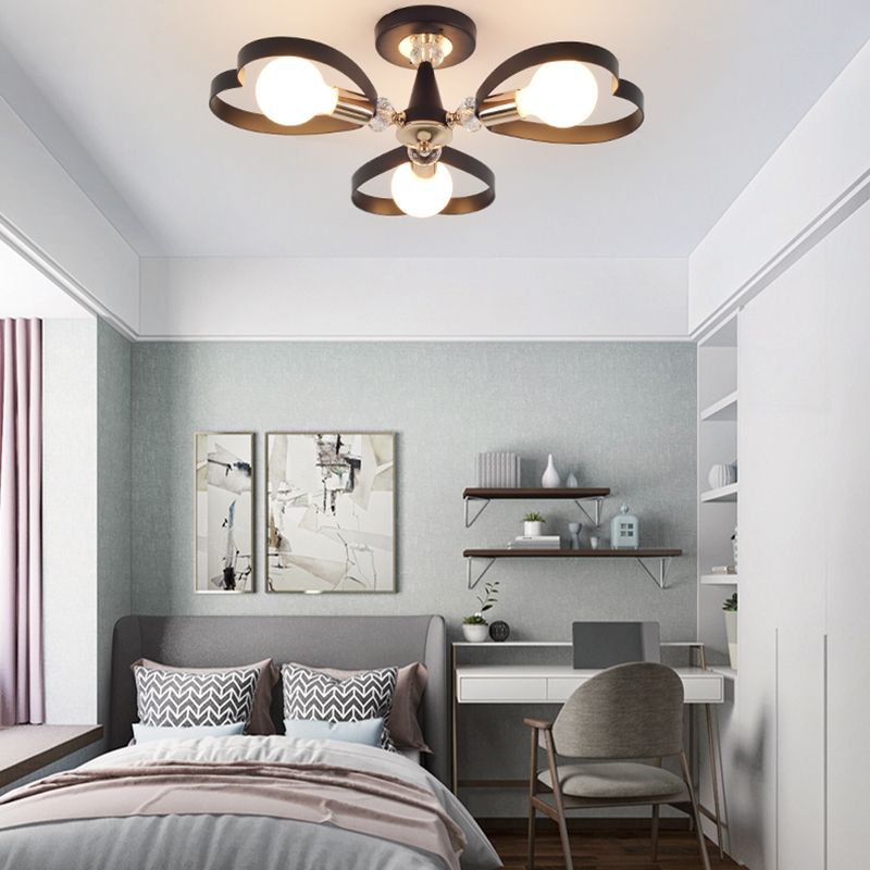 3/6 Heads Heart Shade Semi Flush Mount Light Modern Metal Ceiling Lamp with Clear Crystal Ball in Black