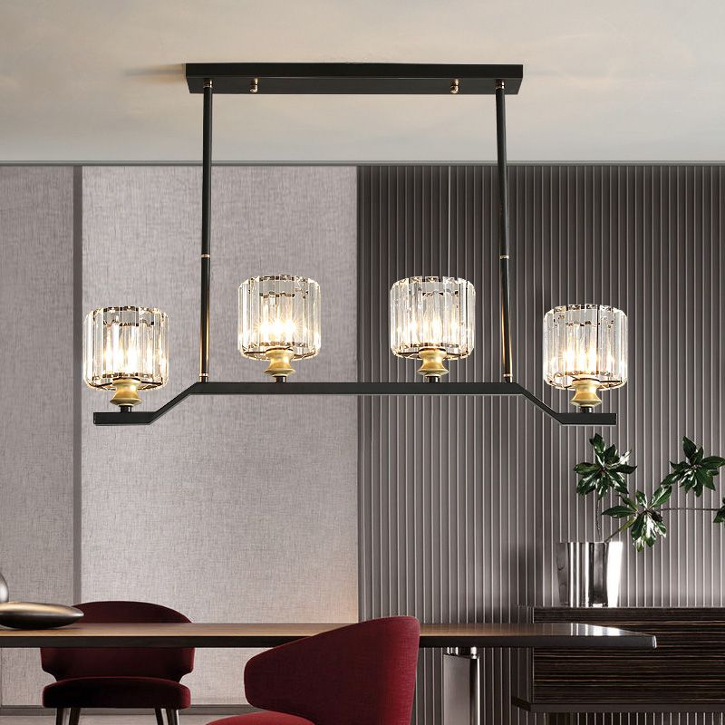 Clear Crystal Cylinder Island Pendant Light Modern 3/4 Lights Island Lighting in Black for Indoor