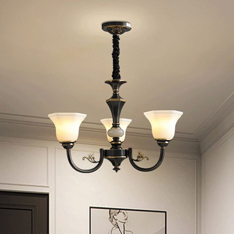 Black Ceiling Lighting Traditional Iron Curved Arm Chandelier Light Fixture with Flared Frosted Glass Shade