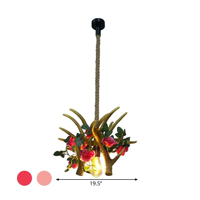 1 Head Antler Ceiling Pendant Farmhouse Pink/Rose Red Resin Flower Hanging Light over Table