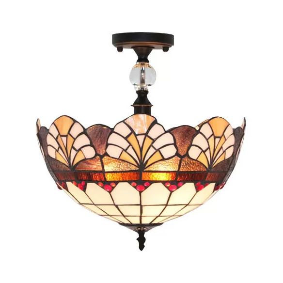 12 "/16" W Scalloped Semi-Flush Light Traditional Tiffany Stained Glass Ceiling Lamp with Leaf / Victorian / Circle Pattern in Bronze for Foyer