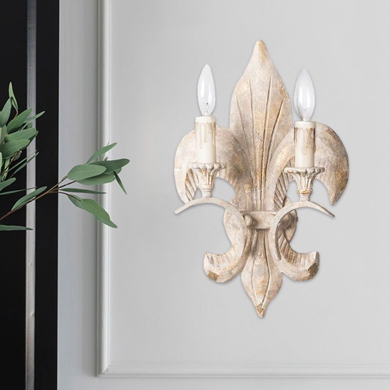 Lámpara de pared con vela blanca, aplique de pasillo de madera vintage con 2 luces y placa posterior de ancla
