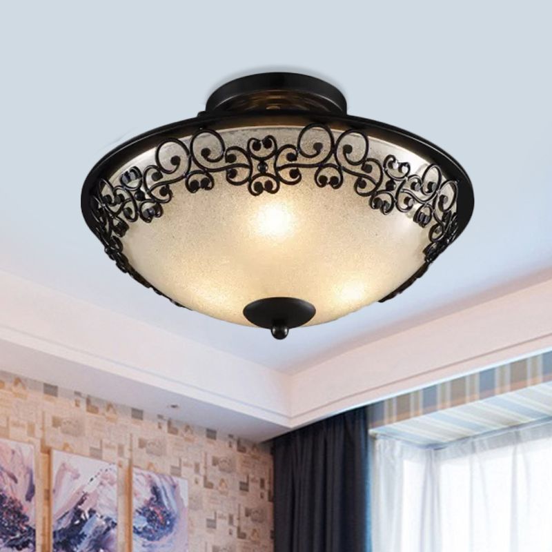 3 Bulbs Frosted Glass Semi Flush Rural Black Butterfly-Embellished Bowl Bedroom Close to Ceiling Light