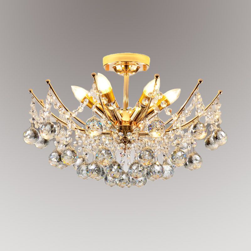 Plafonnier Cascade Boule de Cristal Postmoderne 4 Lumières Chrome/Clair/Cognac Semi-Encastré