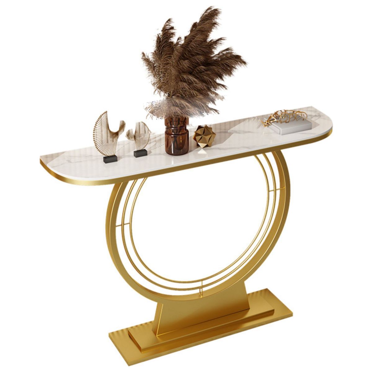 11.8" Wide Stone Console Table Scratch Table with Gold Ironcraft Frame