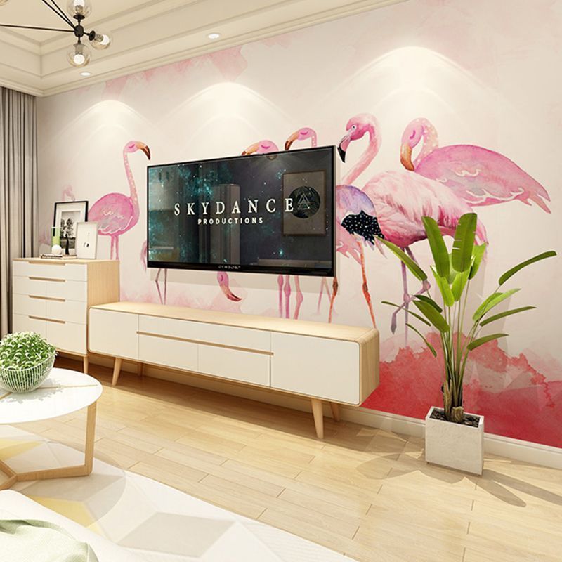 Pink Flamingo Mural Wallpaper Stain-Resistant Wall Covering for Home Decoration