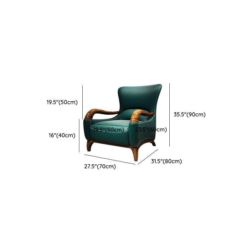 Traditional Wood Living Room Armchair Real Aniline Leather Accent Armchair