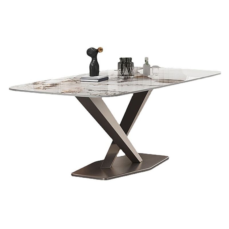 Luxury Rectangular Stone Top Dining Table with Gold Steel X-Base