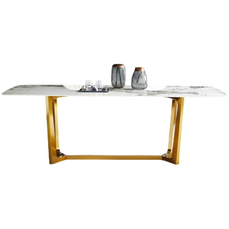 Rectangle Traditional Luxury Dining Table White Sintered Stone Table with Gold Trestle Base