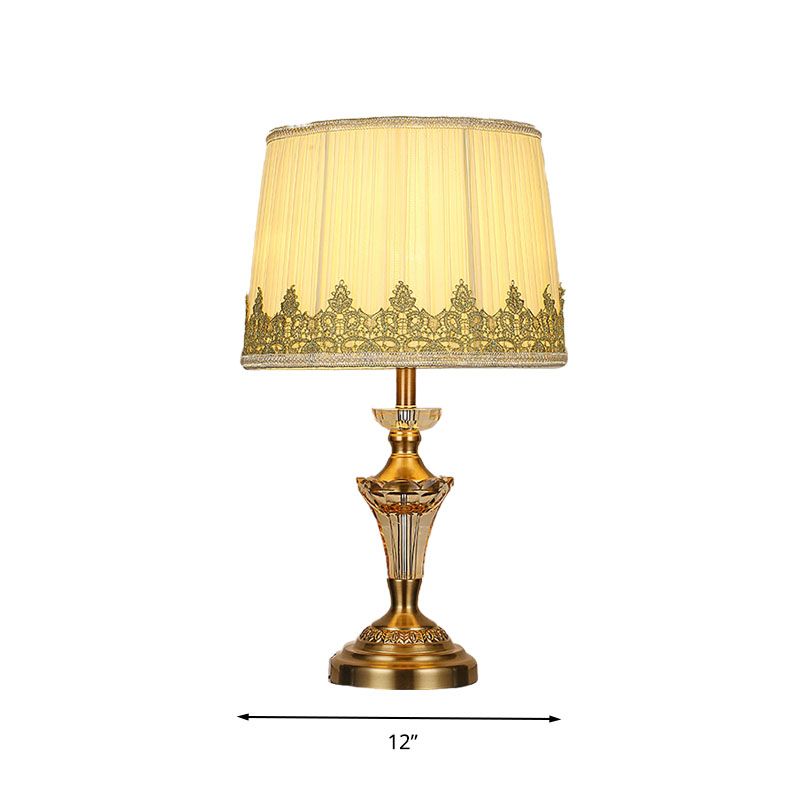 Fabric Beige Table Lamp Tapered Drum 1 Light Minimalism Night Light with Crystal Base