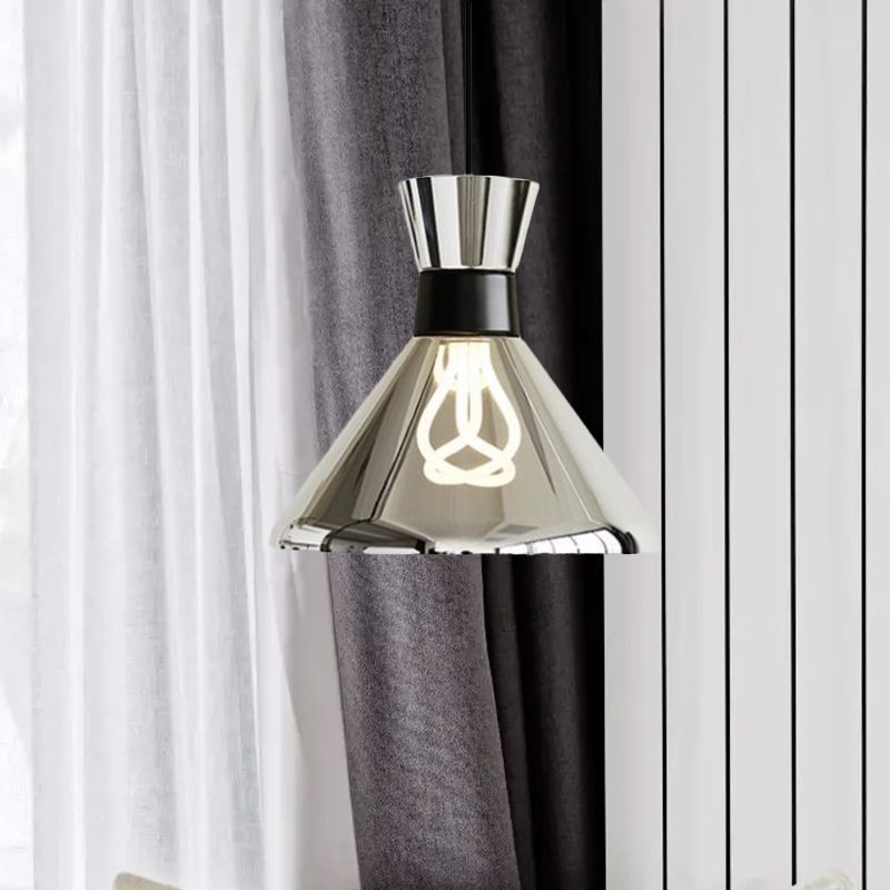 1 Head Bedroom Suspension Lamp Minimalist Chrome Hanging Light with Conical Clear Glass Shade