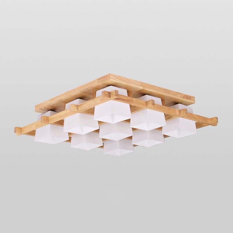 Geometrische Deckenleuchte in Holzfarbe im modernen, prägnanten Stil für den Innenbereich aus Holz mit Glasschirm