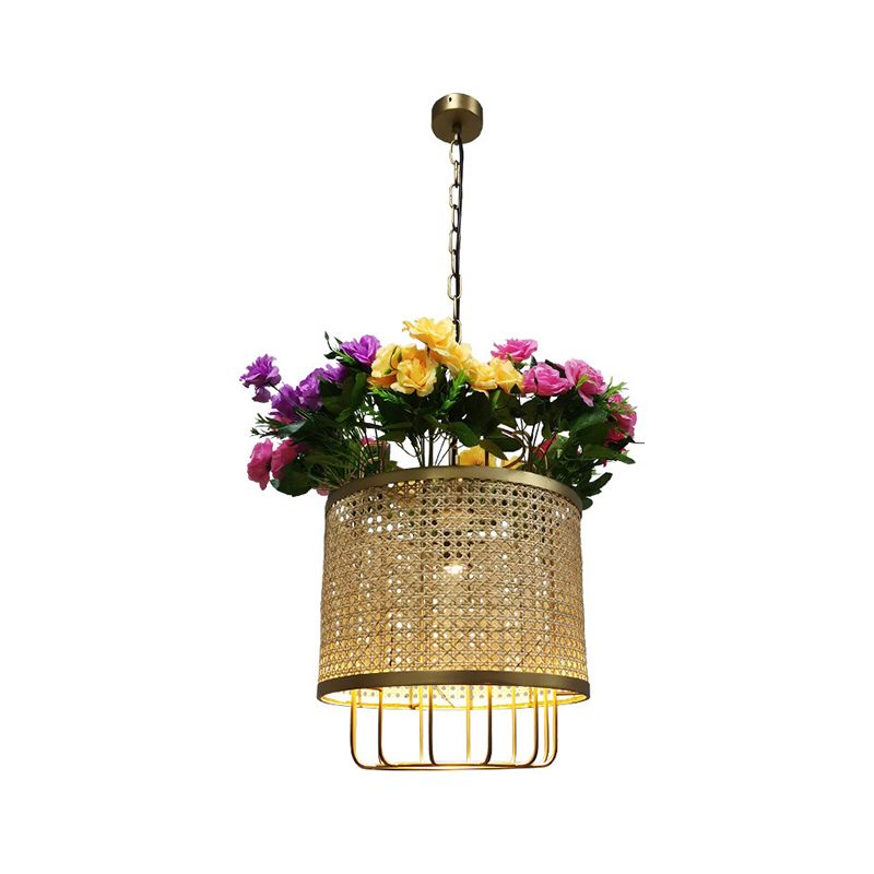 Loft Cylinder Pendant Ceiling Light 1 Light Metal Hanging Lamp Kit in Beige with Floral Deco