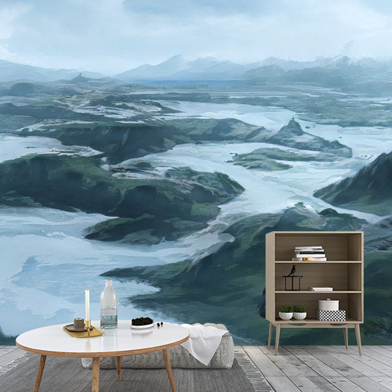Mountain Landscape Illustration Mural Wallpaper Water-Resistant Wall Art for Sitting Room
