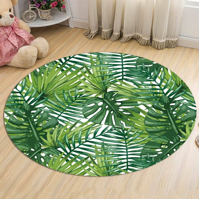 Green Leaves Pattern Rug Modern Fresh Round Carpet Flannel Non-Slip Backing Rug for Living Room