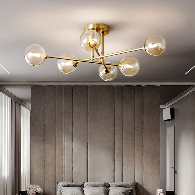 Gold Globe Semi-Flush Light Fixture Modern Glass Shade Ceiling Lamp Fixture