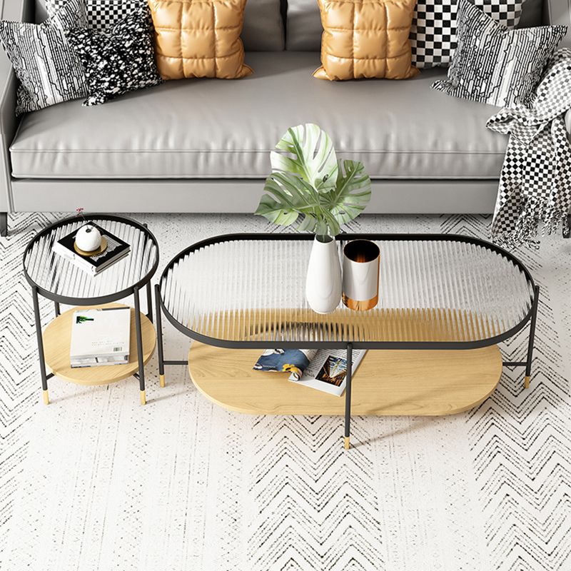 Modern Iron 4 Legs Coffee Table with Shelf Round Cocktail Table in Natural