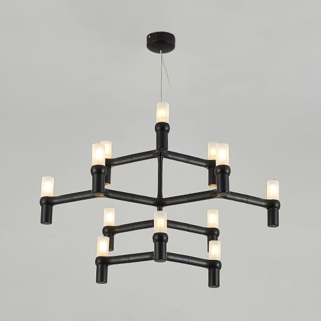 Black/White Crown Hanging Chandelier Light Modern 12 Lights Metallic Hanging Lamp with Frosted Glass Cylinder Shade