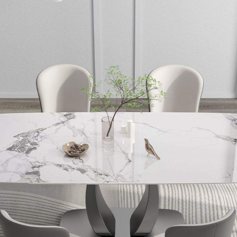 Rectangular Stone Top Dining Table Double Pedestal Metal Base for Living Room
