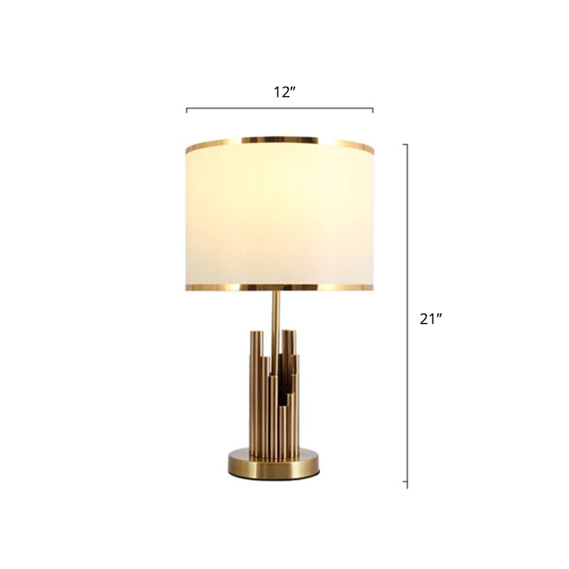 Round Shade Study Room Table Lighting Minimalist Fabric 1-Light Brass Nightstand Lamp