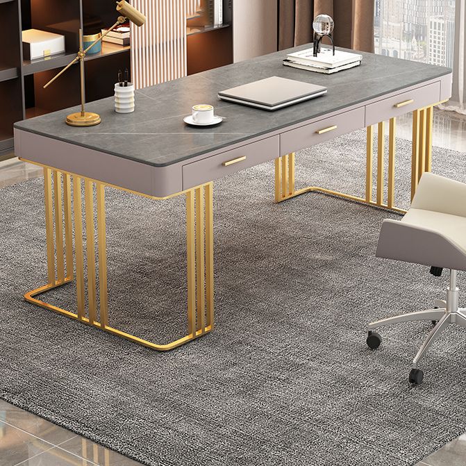 Stone and Metal Writing Desk Glam Pewter Office Desk 3 Drawer