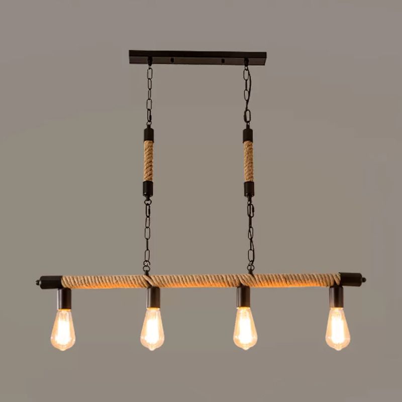 Rope Beige Island Light Fixture Industrial Linear 4-Light Industrial Style Ceiling Pendant with Bare Bulb Design