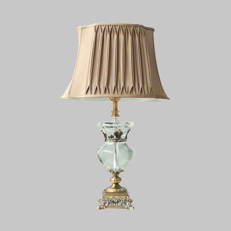 Lámpara de mesita de noche de sombra plisada Luz de mesa de color marrón claro rústico con acento de cristal