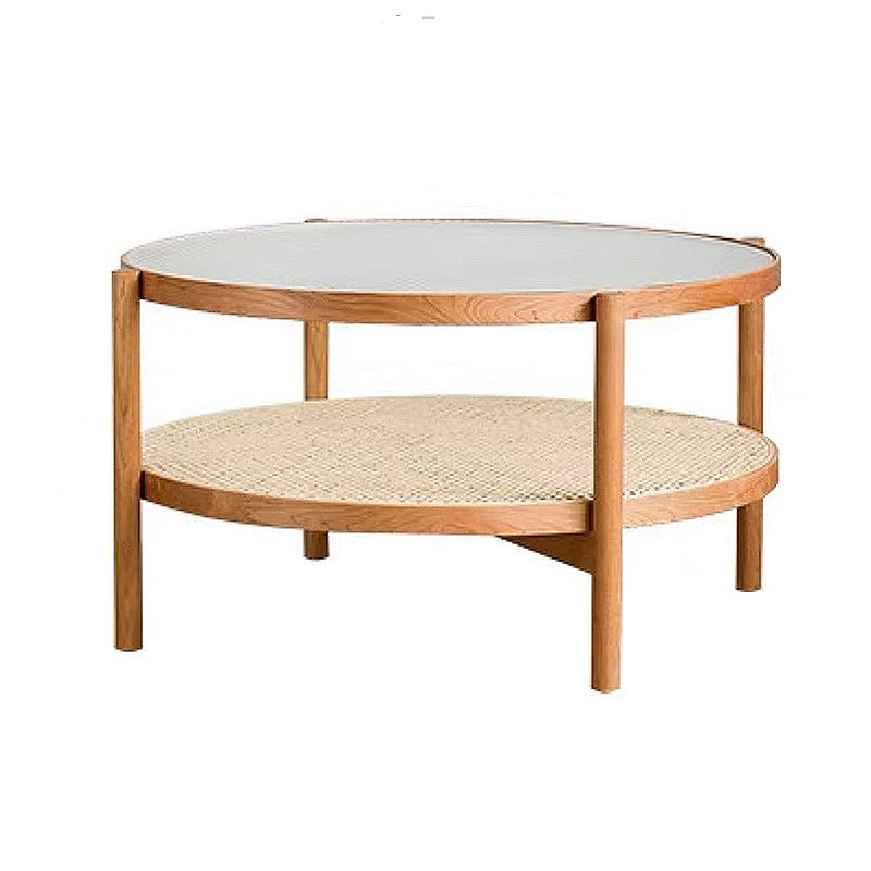 4 Legs Bunching Table with Solid Wood Base Round Coffee Table with Tempered Glass Top