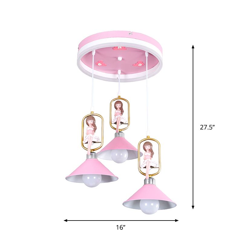 Metallic Bell Anhänger Light Kit Cartoon 3 Glühbirne Hängende Lampe mit Mädchendekor in Pink