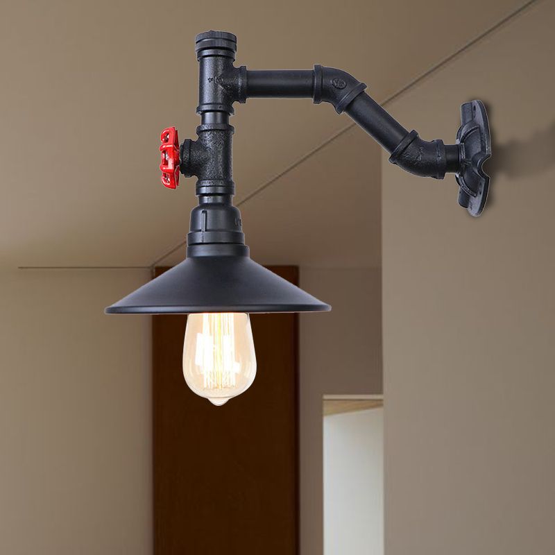 Warehouse Flared Wall Lamp Sconce 1 Bulb Metallic Wall Lighting with Plumbing Pipe and Red Valve in Black