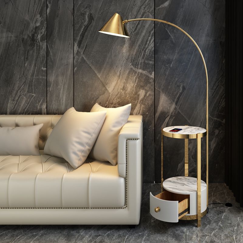 Metal Fishing Rod Floor Lamp Postmodern Style 1 Bulb Standing Light with Swivel Cone Shade and Marble Tray Cabinet