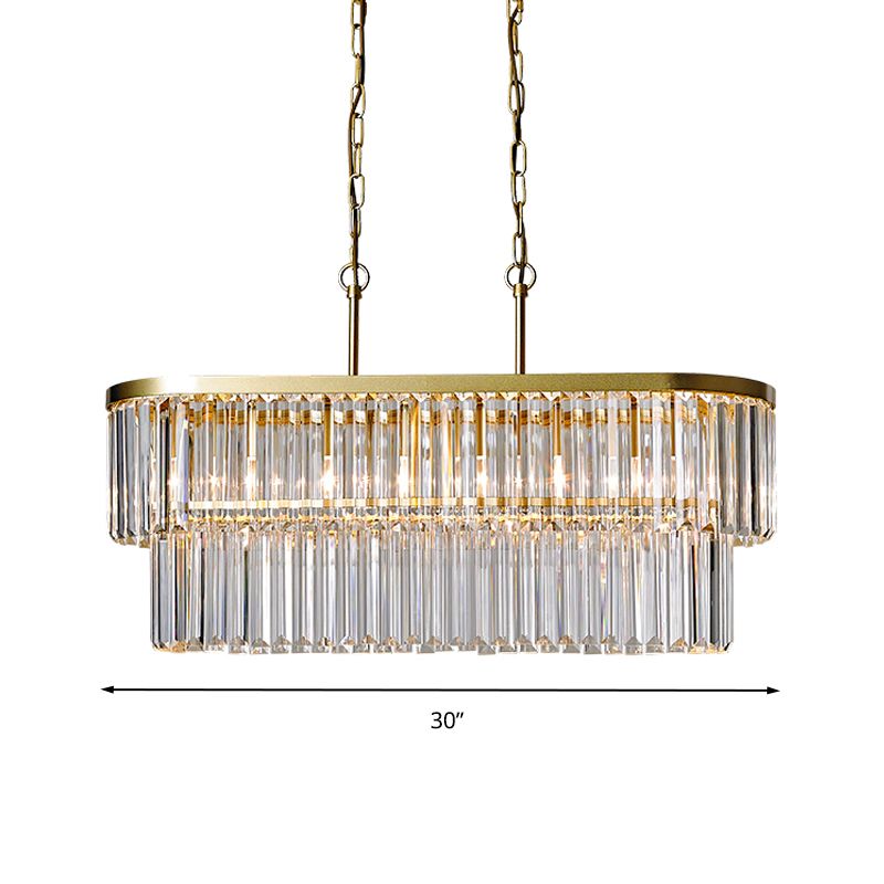 Postmodern Oval Island Ceiling Light 4 Heads Clear Three Sided Crystal Rod Suspension Lighting