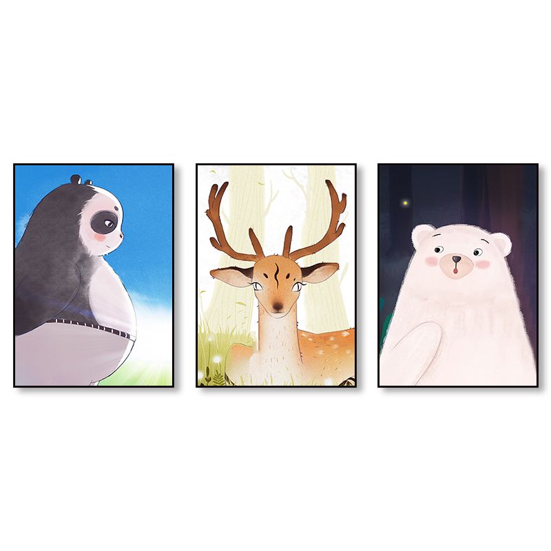 Brown Cartoon Animal Painting Textured Children's Art Living Room Wrapped Canvas, Set of 3
