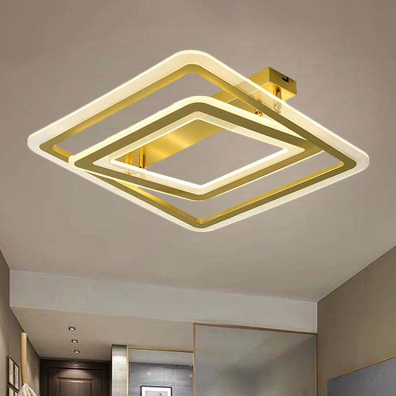 16"/19.5" W Square Frame Flush Mount Lamp Simplicity Metal LED Bedroom Semi Flush Light Fixture in Gold