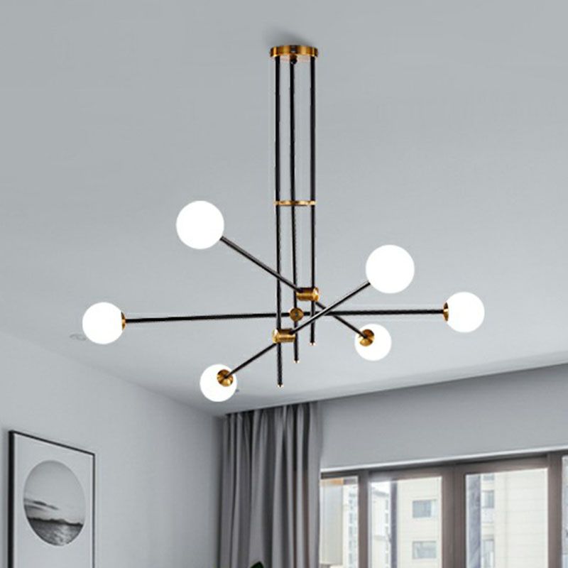 Simplicity Linear Chandelier Metal Living Room Pendant Lighting with Ball White Glass Shade in Black
