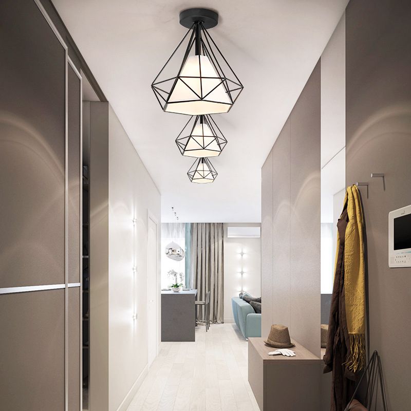 Plafonnier simple à encastrer, luminaire vintage en métal en forme de diamant avec abat-jour en tissu conique
